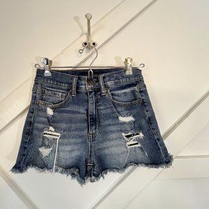 Aeropostale Cheeky Distressed High Rise Medium Wash Denim Jean Shorts, Size 2